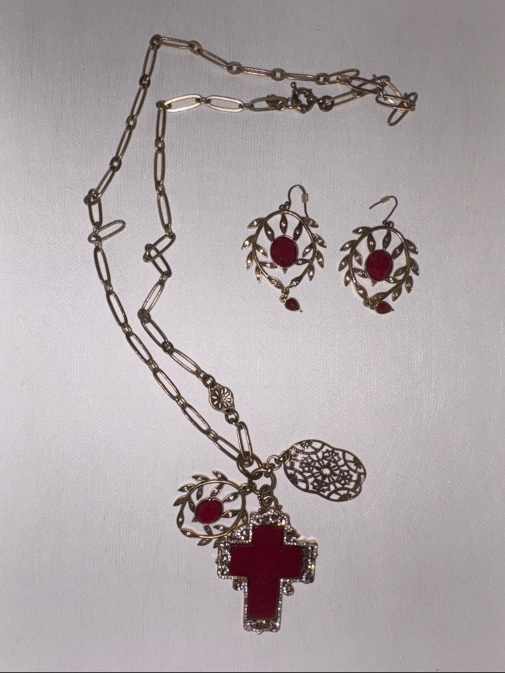 Lucky Brand Gold-Tone Necklace and Earring Set with Red Accents